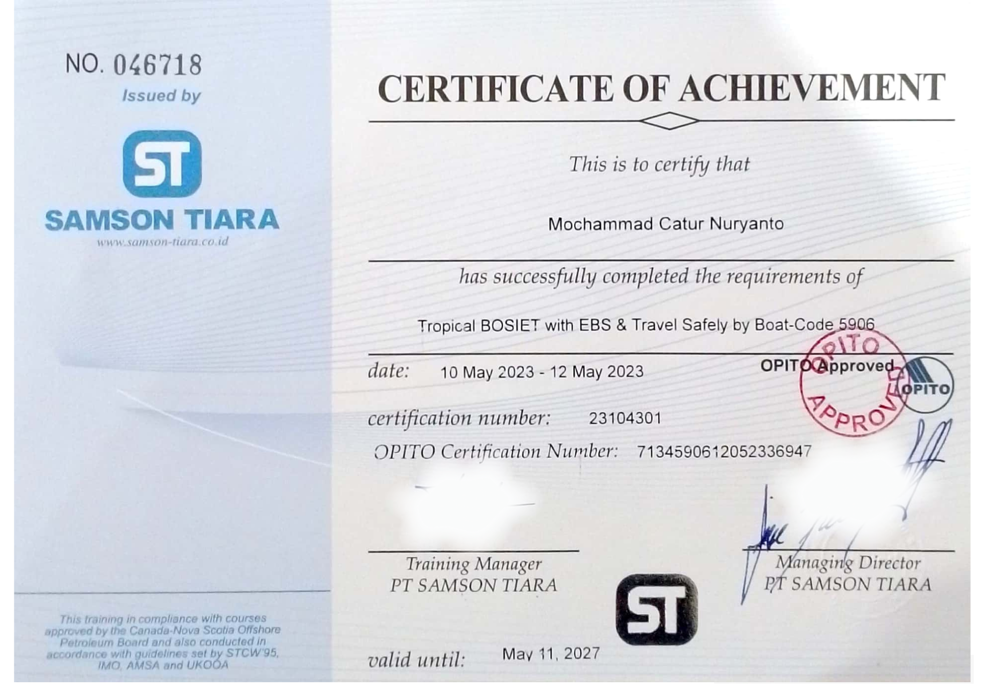 CERTIFICATE T BOSIET